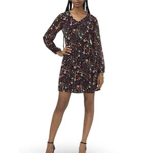 MSK Floral Chiffon Shift Dress Womens L Tie Neck Black Pink Long Sleeve Lined